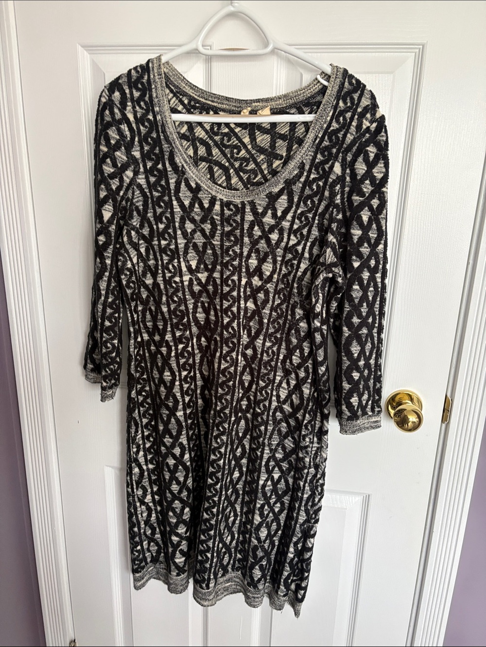 Women's Black and Cream Patterned Knit Dress